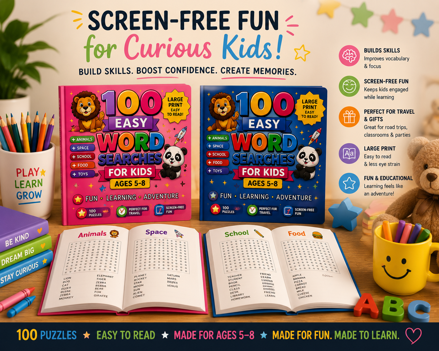 100 Easy Word Searches for Kids: Pink Edition